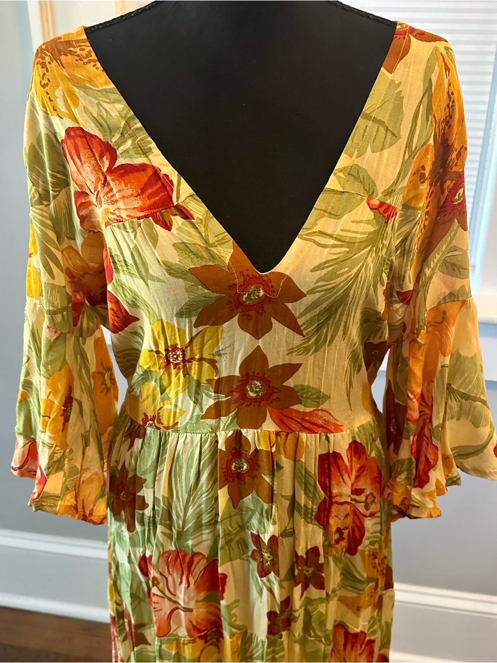 Anthropologie Faithfull the Brand Yellow Floral V-Neck Midi Dress